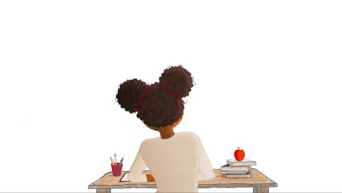 Illustration: a student with two hair puffs sitting at a desk with books and an apple